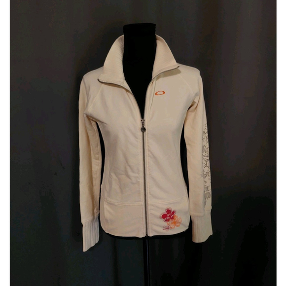 Oakley Woman’s Vintage Zip Up Size XS Cream Orange Tropical Floral Embroidery - Picture 2 of 10